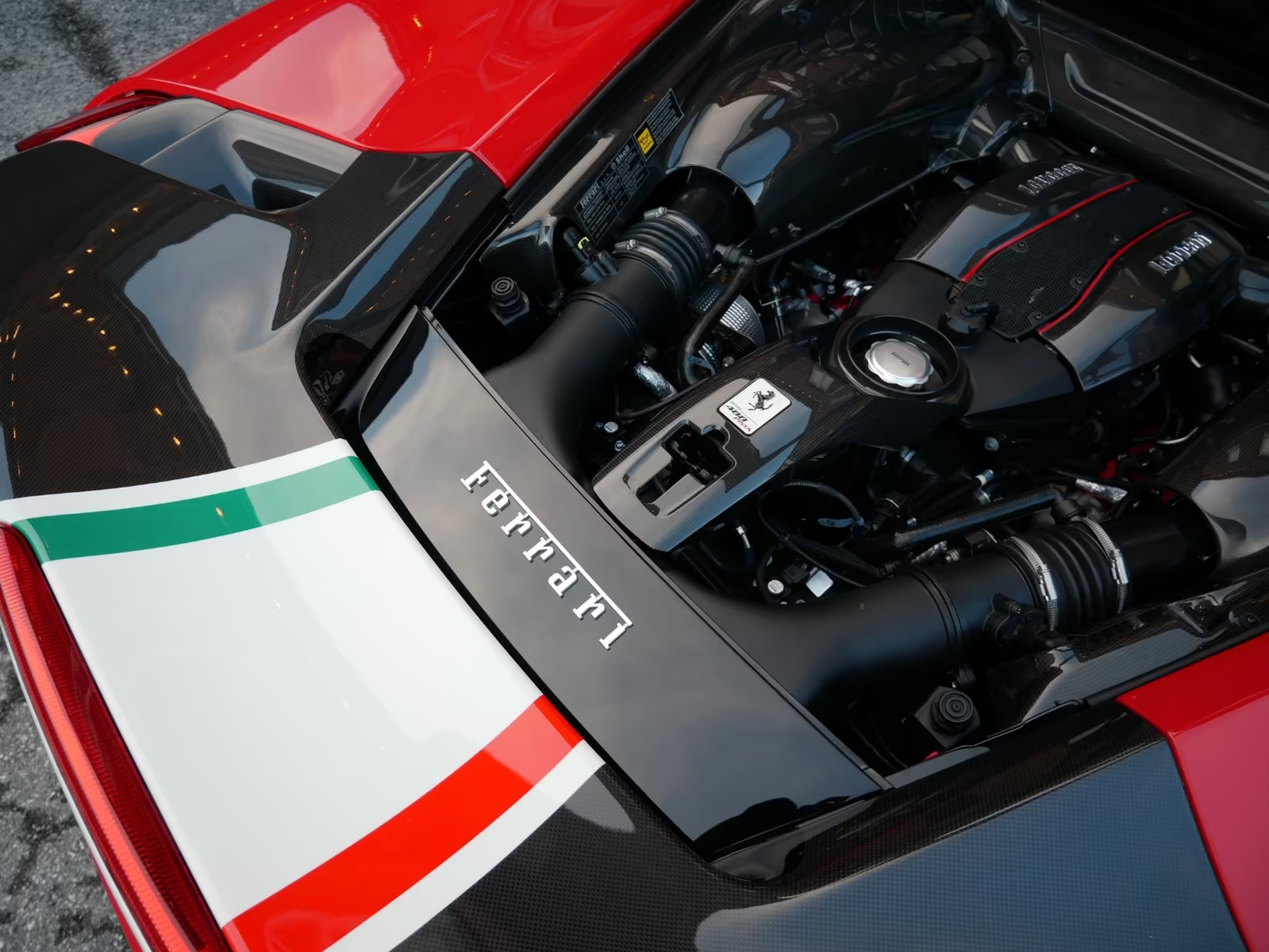 Ferrari 488 Pista Piloti #57 2019 — twin-turbo V8 engine with carbon-fibre covers