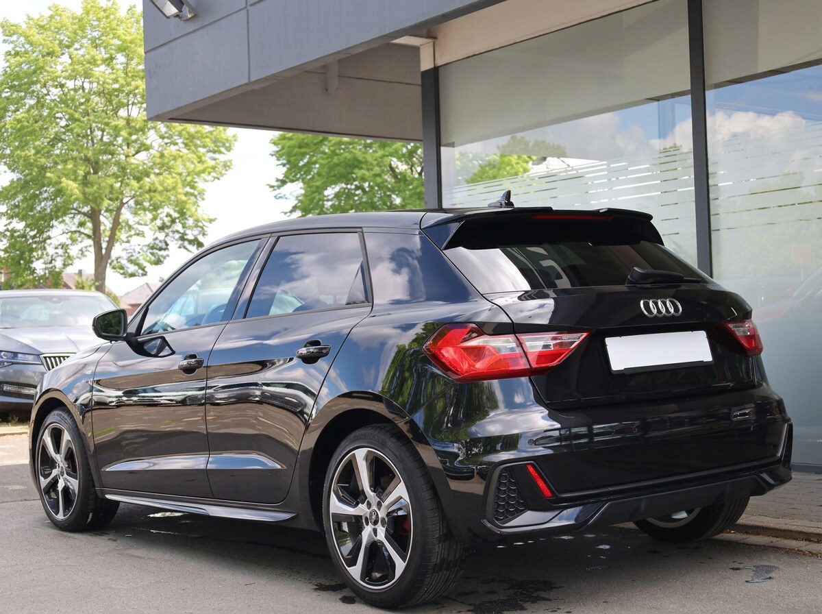 Rear three-quarter view of the black Audi A1 Sportback with privacy glazing.