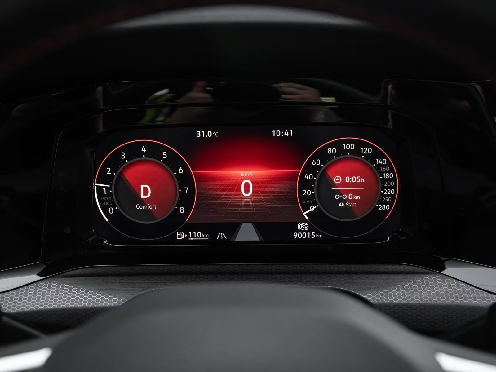 Digital Cockpit display of the Golf GTI Clubsport showing 90,015 km.