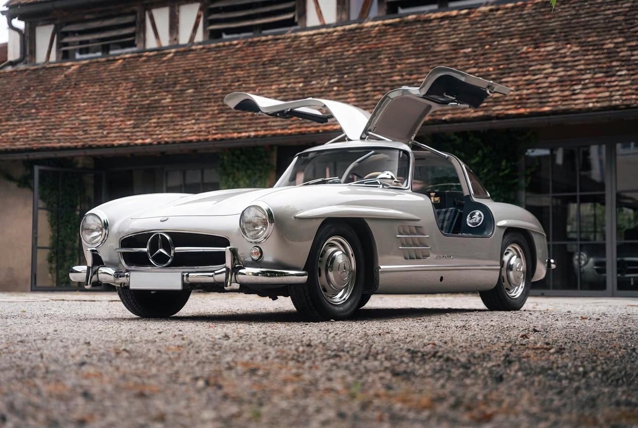Low front three-quarter view of the classic silver 300 SL Gullwing