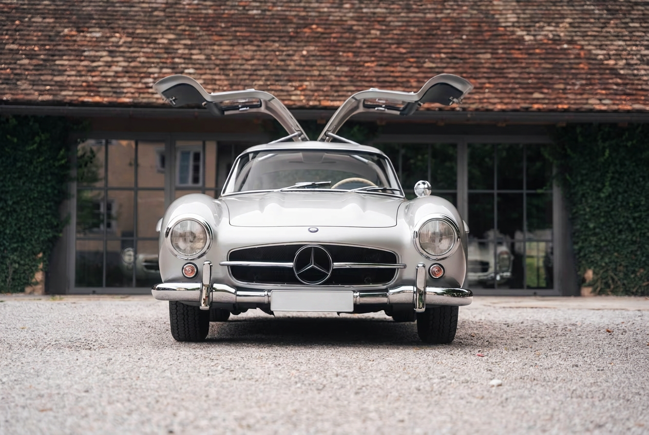 Silver Mercedes-Benz 300 SL Gullwing viewed directly from the front