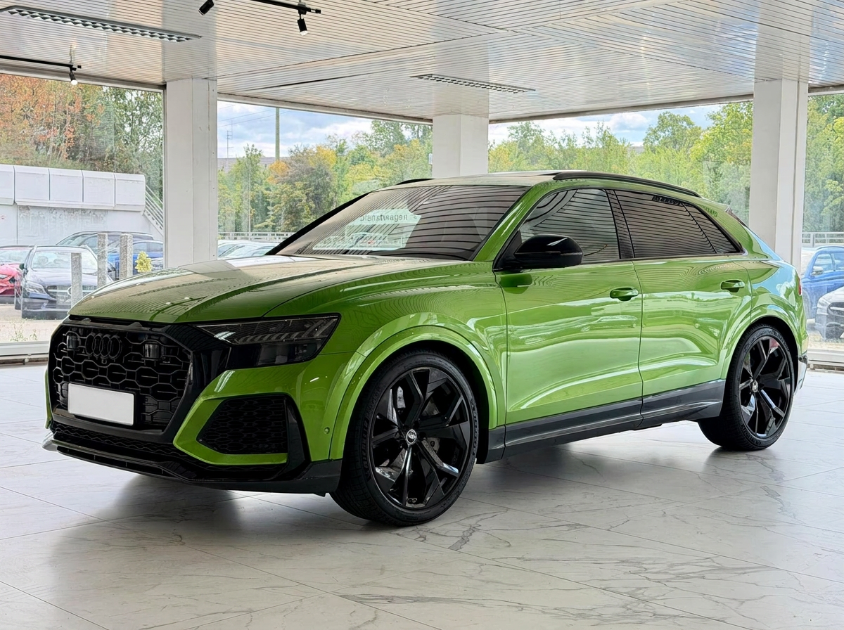 Audi RS Q8 in Audi exclusive Javagrün metallic, front three-quarter view inside a bright showroom.