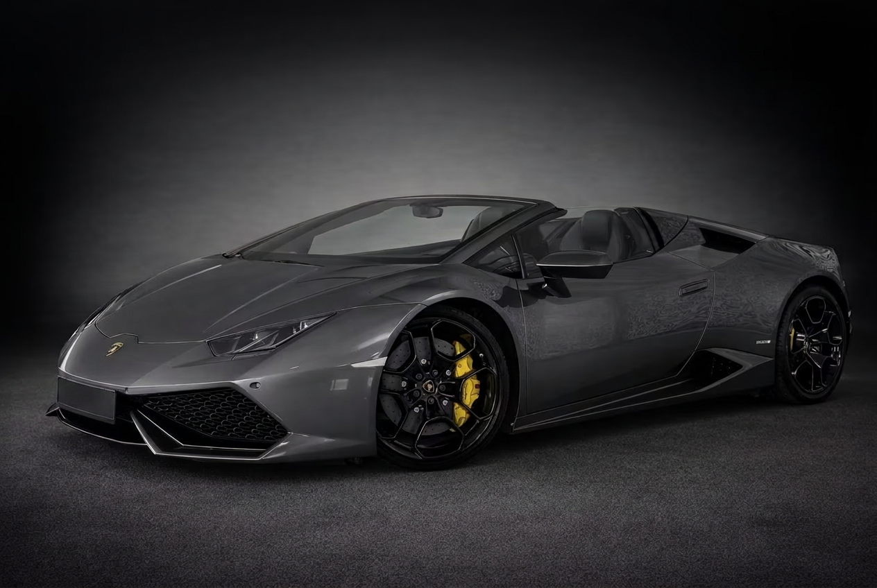 Lamborghini Huracán LP 610-4 Spyder 2016 in Grigio Lynx — front three-quarter view, roof down
