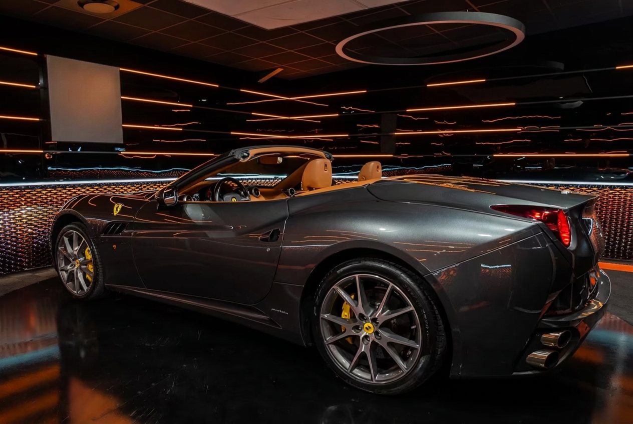 Ferrari California rear three-quarter view in the showroom