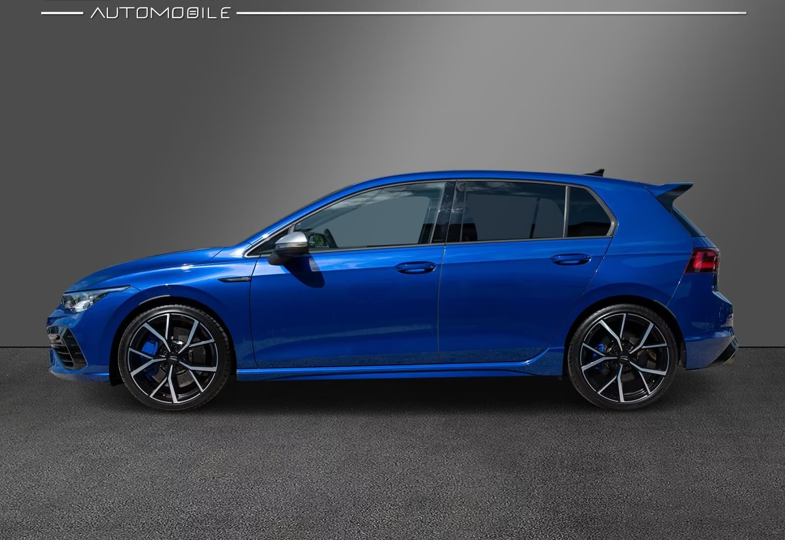 Lapis Blue Volkswagen Golf R in side profile with 19-inch Estoril wheels.