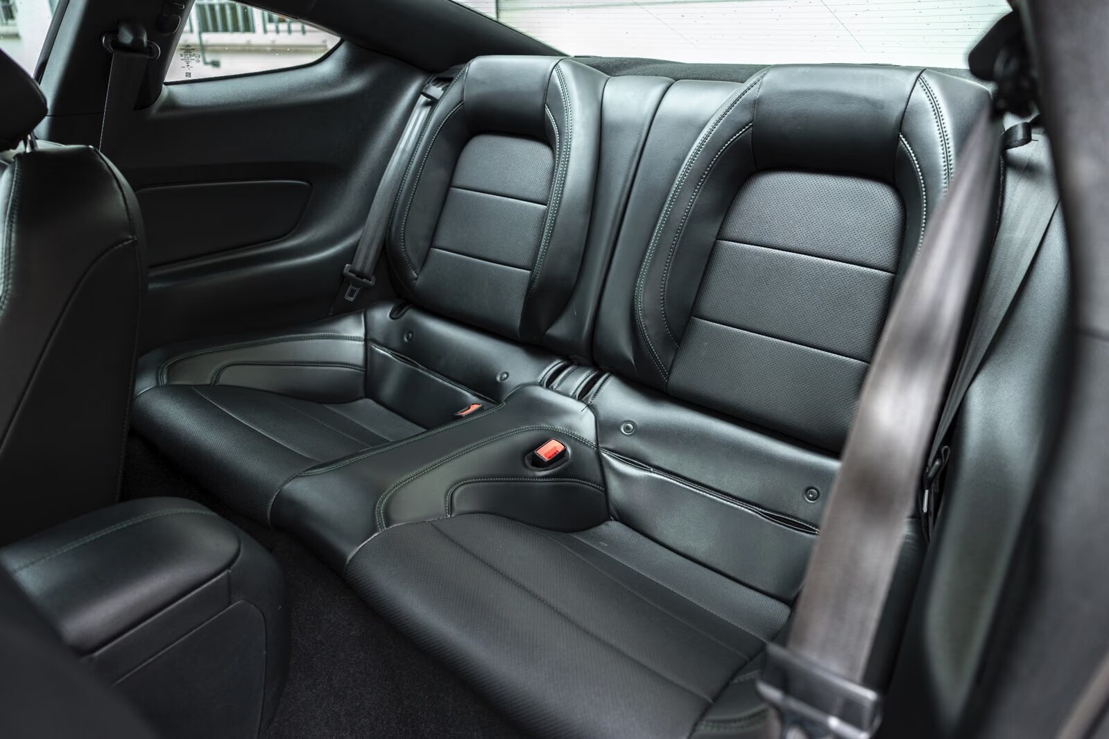 Black leather rear seats of the Ford Mustang Bullitt.