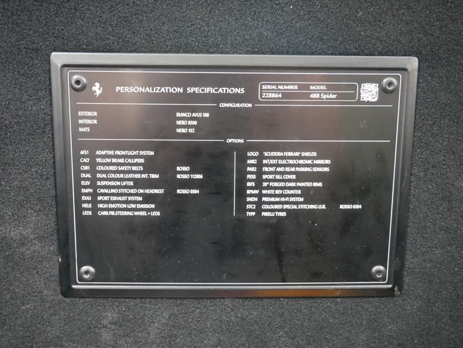 Ferrari 488 Spider Novitec 2017 — factory personalization specifications plaque