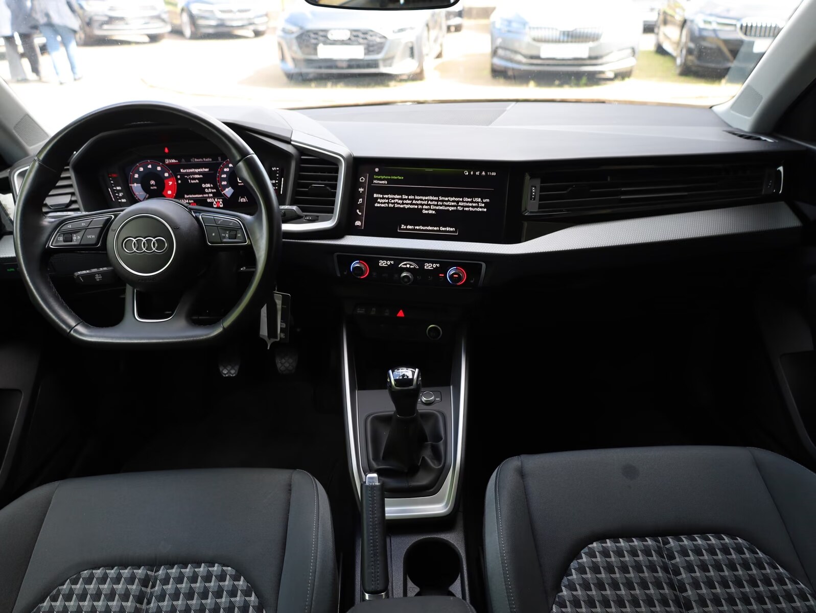 Audi A1 interior with virtual cockpit, MMI display and six-speed manual gearbox.