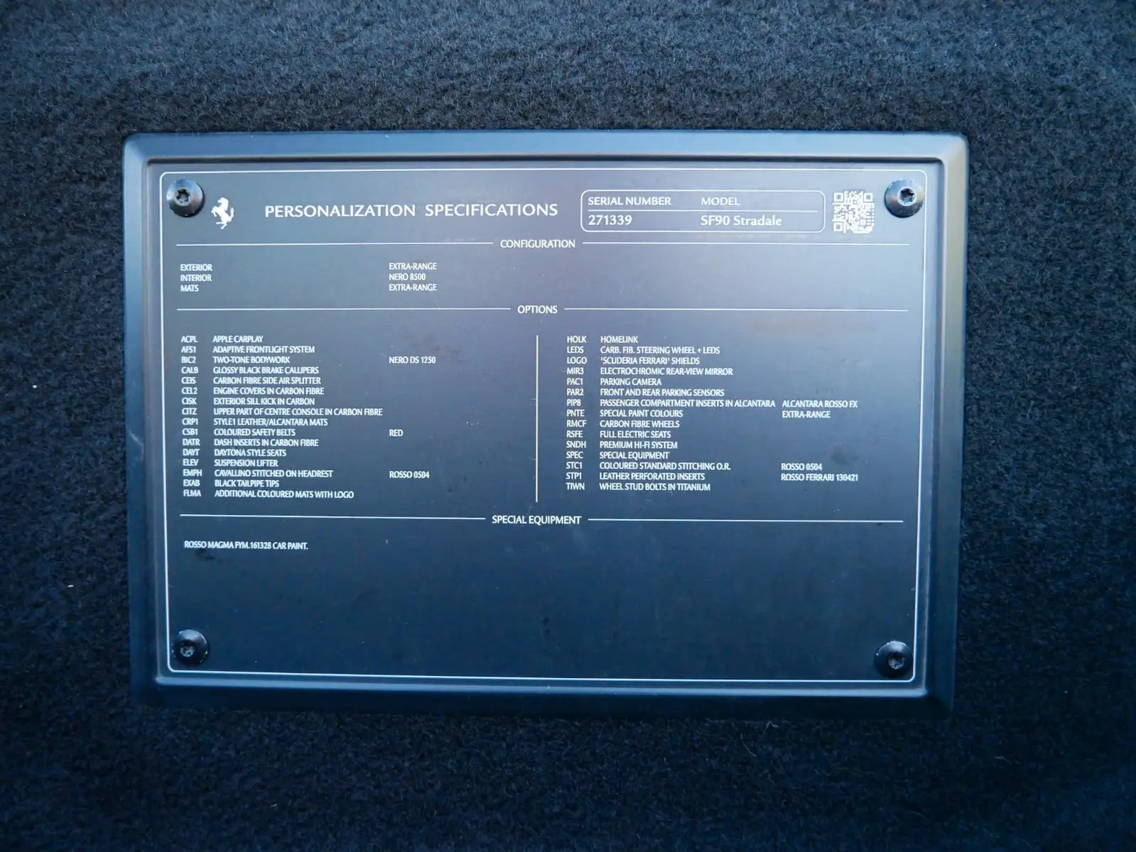 Ferrari SF90 Stradale 2022 — factory personalization specification plaque