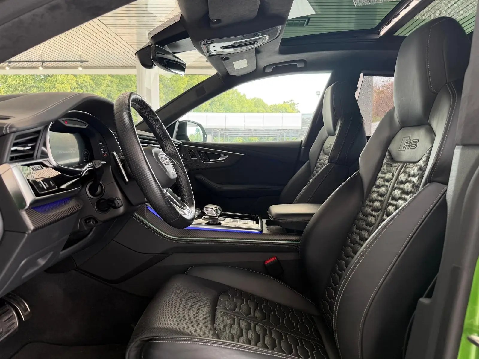 Front RS sport seats of the Audi RS Q8 in black Valcona leather with honeycomb quilting.