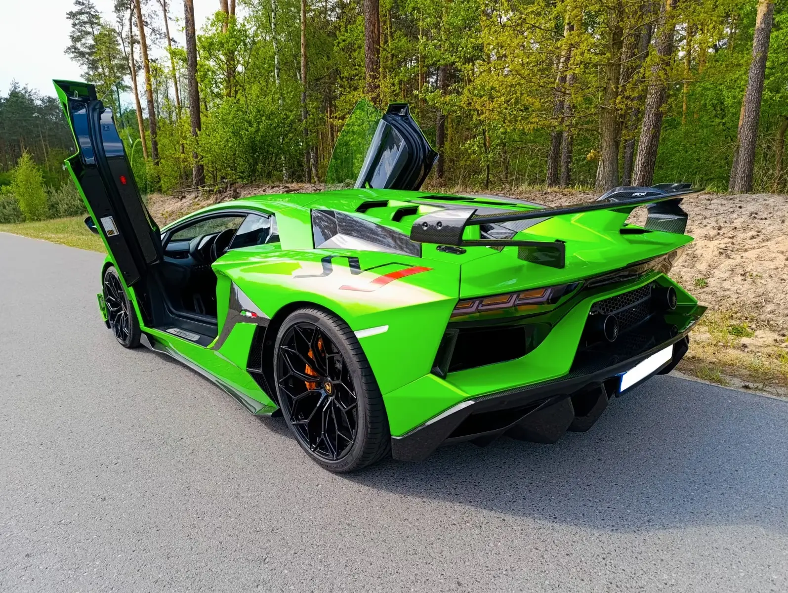 Lamborghini Aventador SVJ 2014 in Green Metallic — rear three-quarter view with scissor doors open