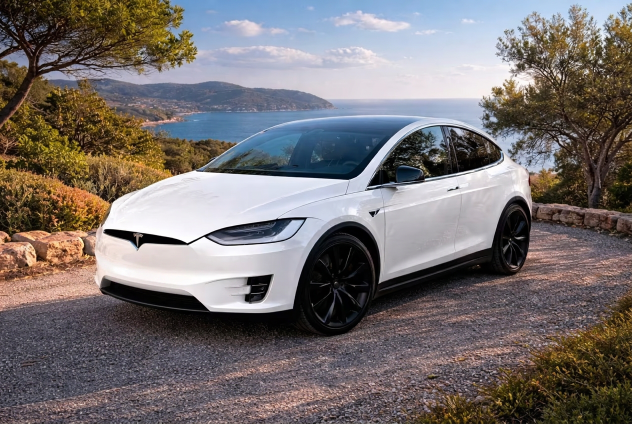 Front three-quarter view of the Pearl White Tesla Model X on black alloy wheels.