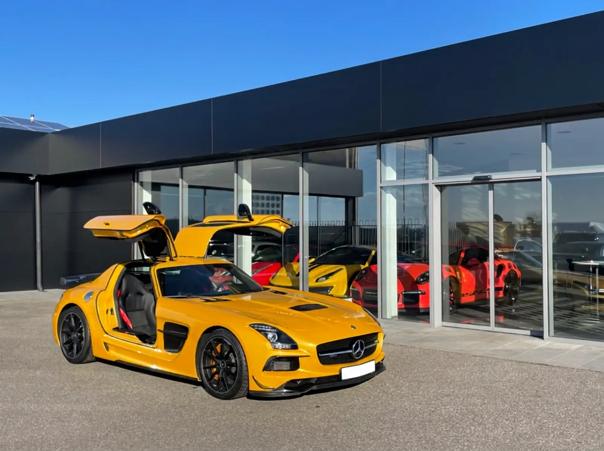Mercedes-Benz SLS AMG Black Series front three-quarter view with gullwing doors open