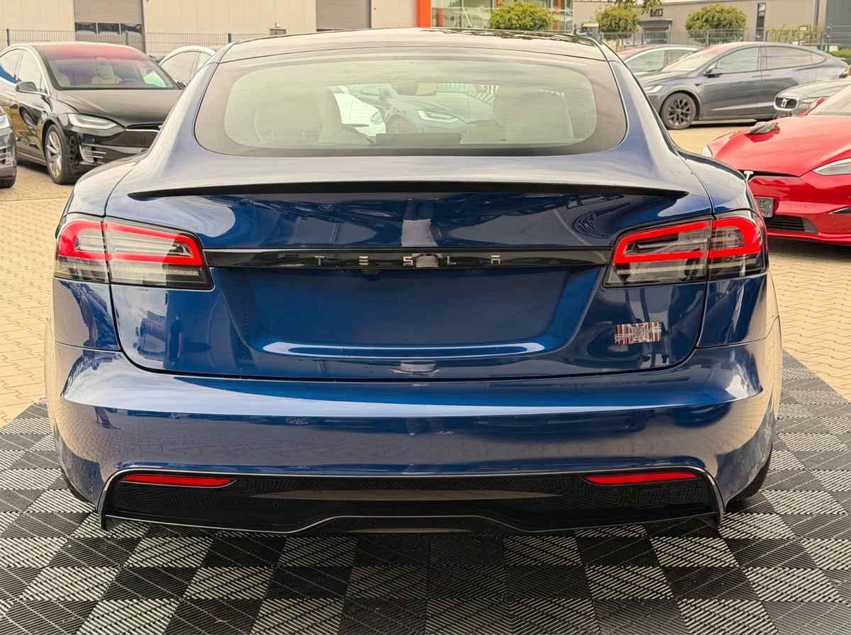 Rear view of the Tesla Model S Plaid with LED tail lights.