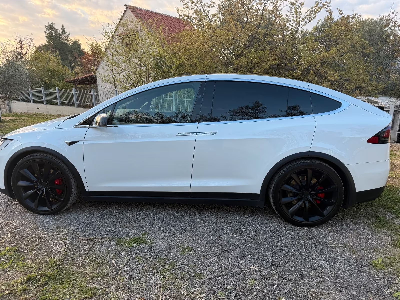 Side profile of the Tesla Model X with black wheels and red brake calipers.