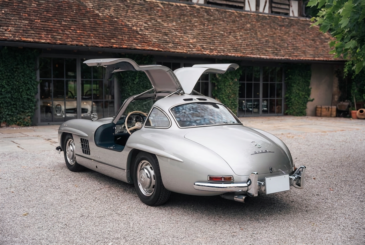 Rear three-quarter view of the silver Mercedes-Benz 300 SL with gullwing doors open