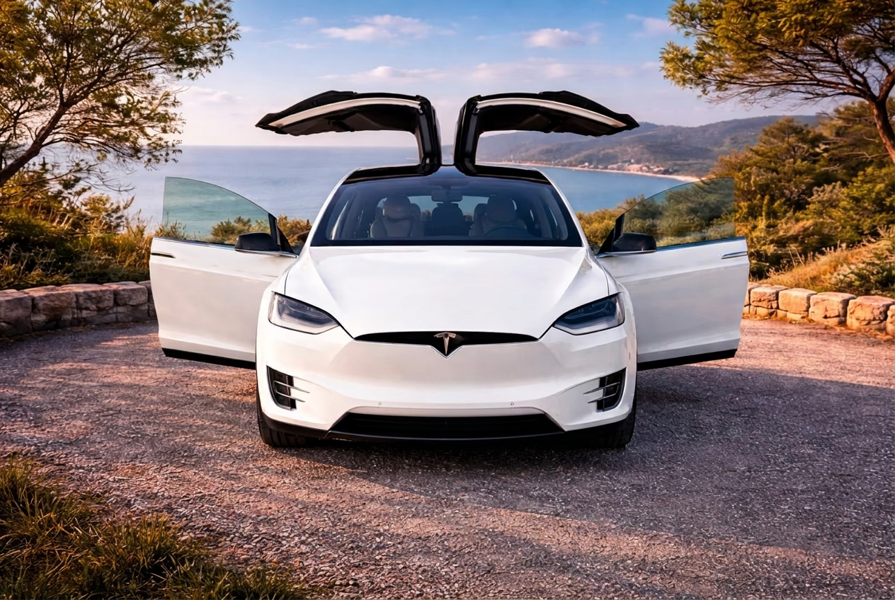 White Tesla Model X with Falcon Wing doors and front doors open, parked above the sea.