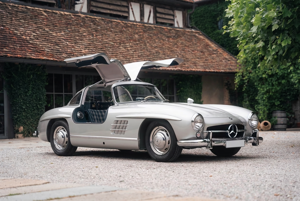 Silver 1955 Mercedes-Benz 300 SL Gullwing front three-quarter view with both doors raised